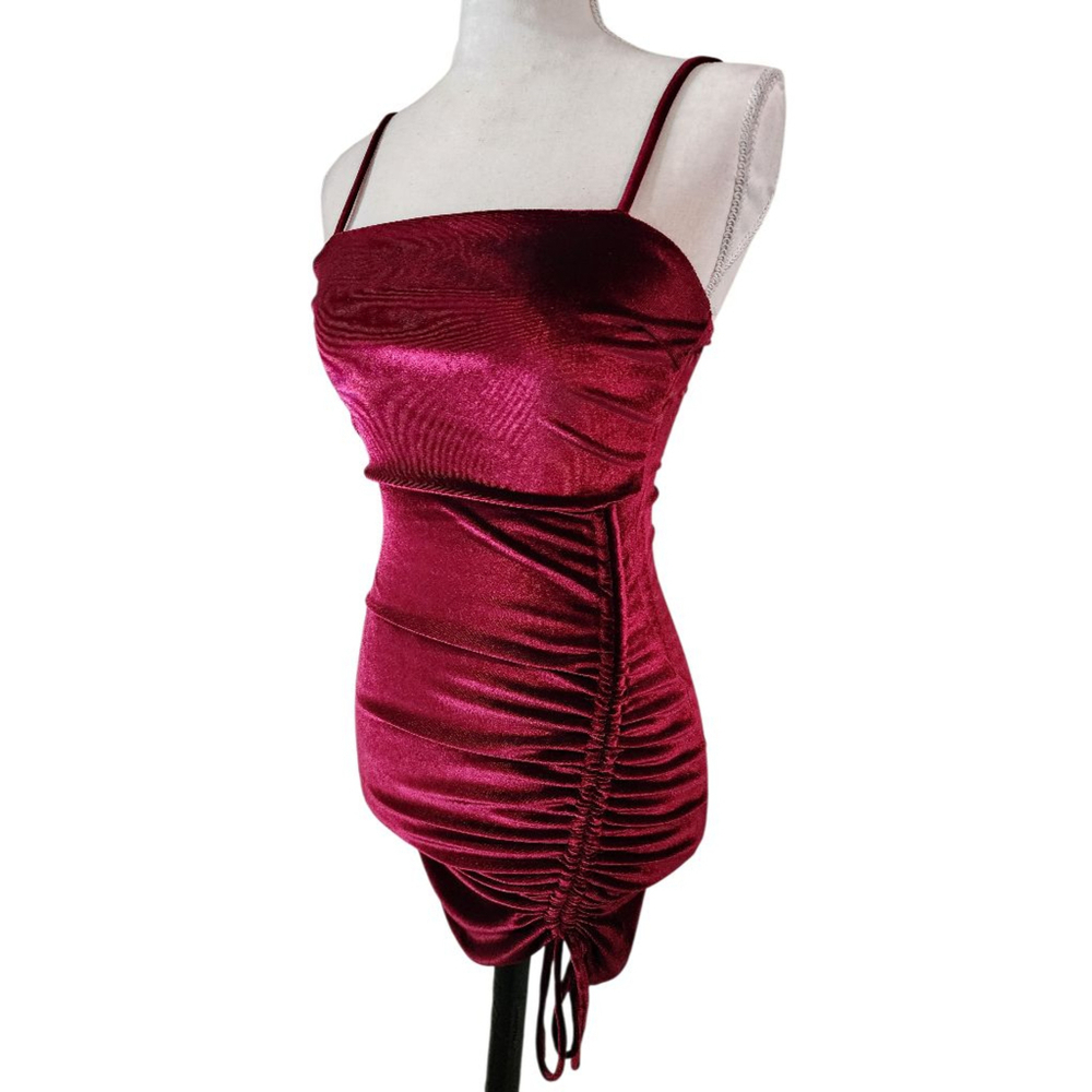 Windsor Burgundy Velvet Mini Dress Ruched Side Drawstring Spaghetti Straps Small - Picture 2 of 11